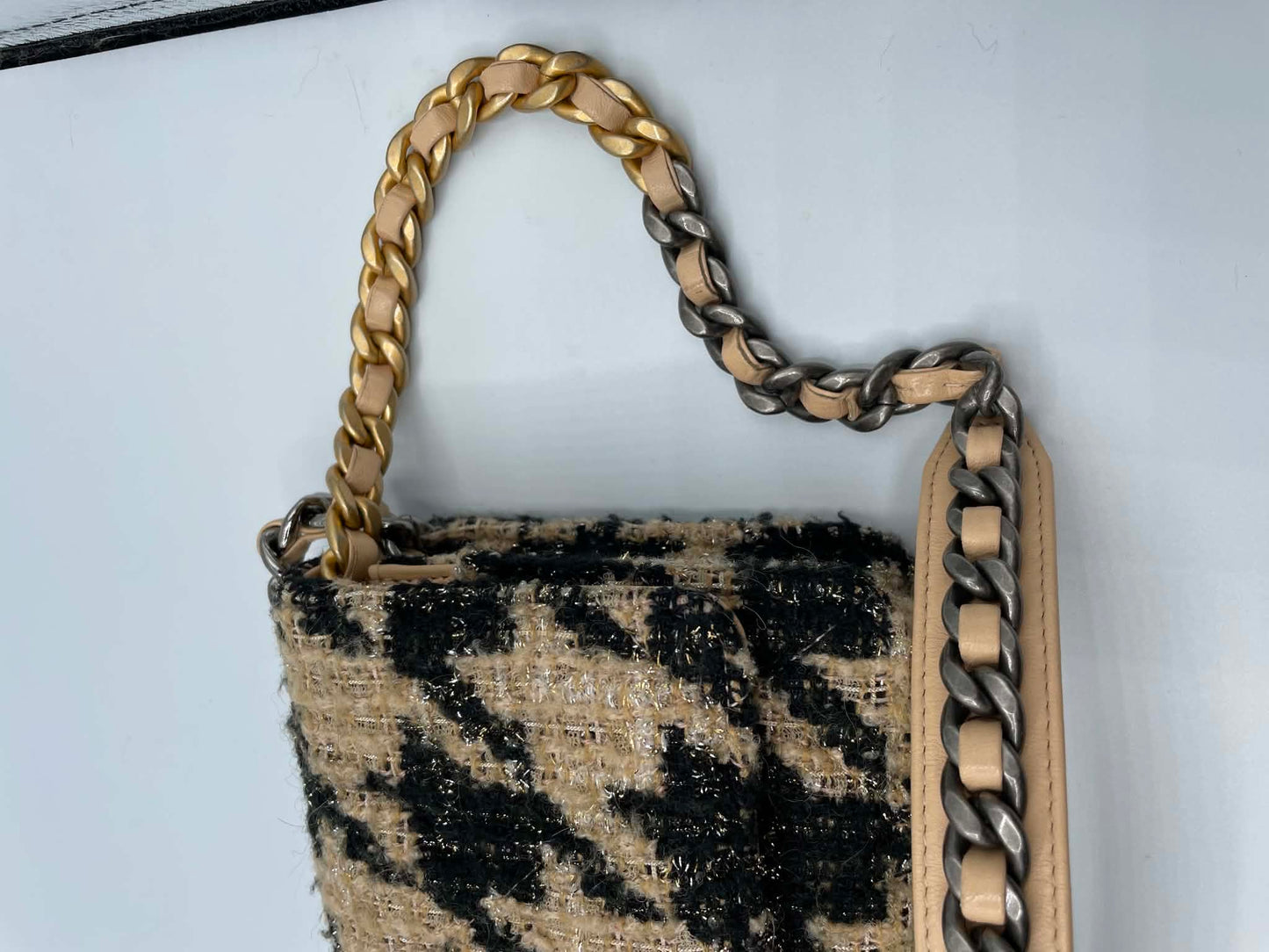 Chanel Houndstooth Tweed Wallet on Chain Beige & Black, Gold/Ruthenium/Silver Hardware