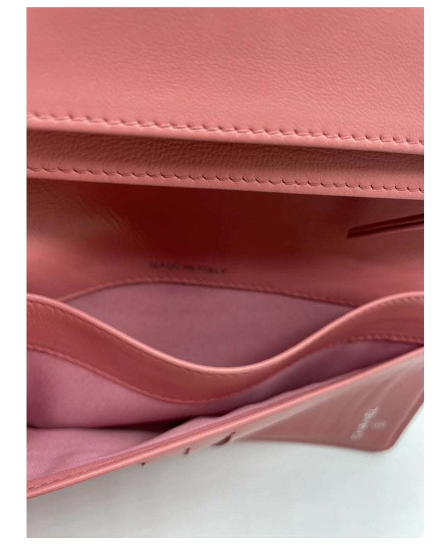 Chanel Lambskin Camelia Embossed Yen Wallet Pink