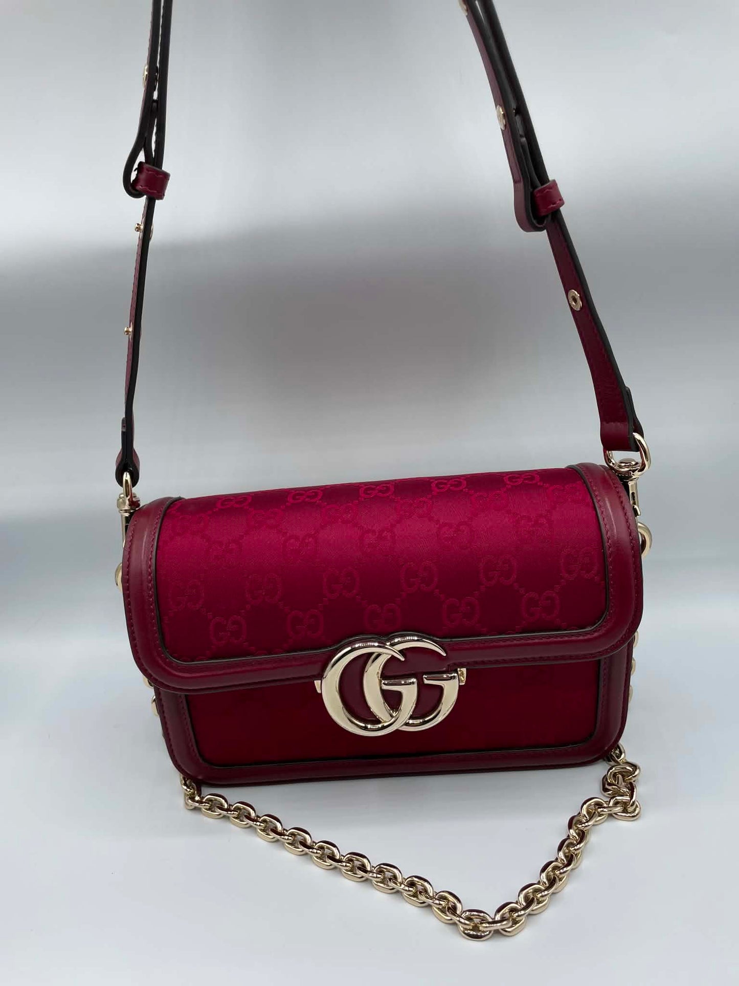 Gucci Crepe Wool Silk GG Monogram Go Small Shoulder Bag Rosso Ancora