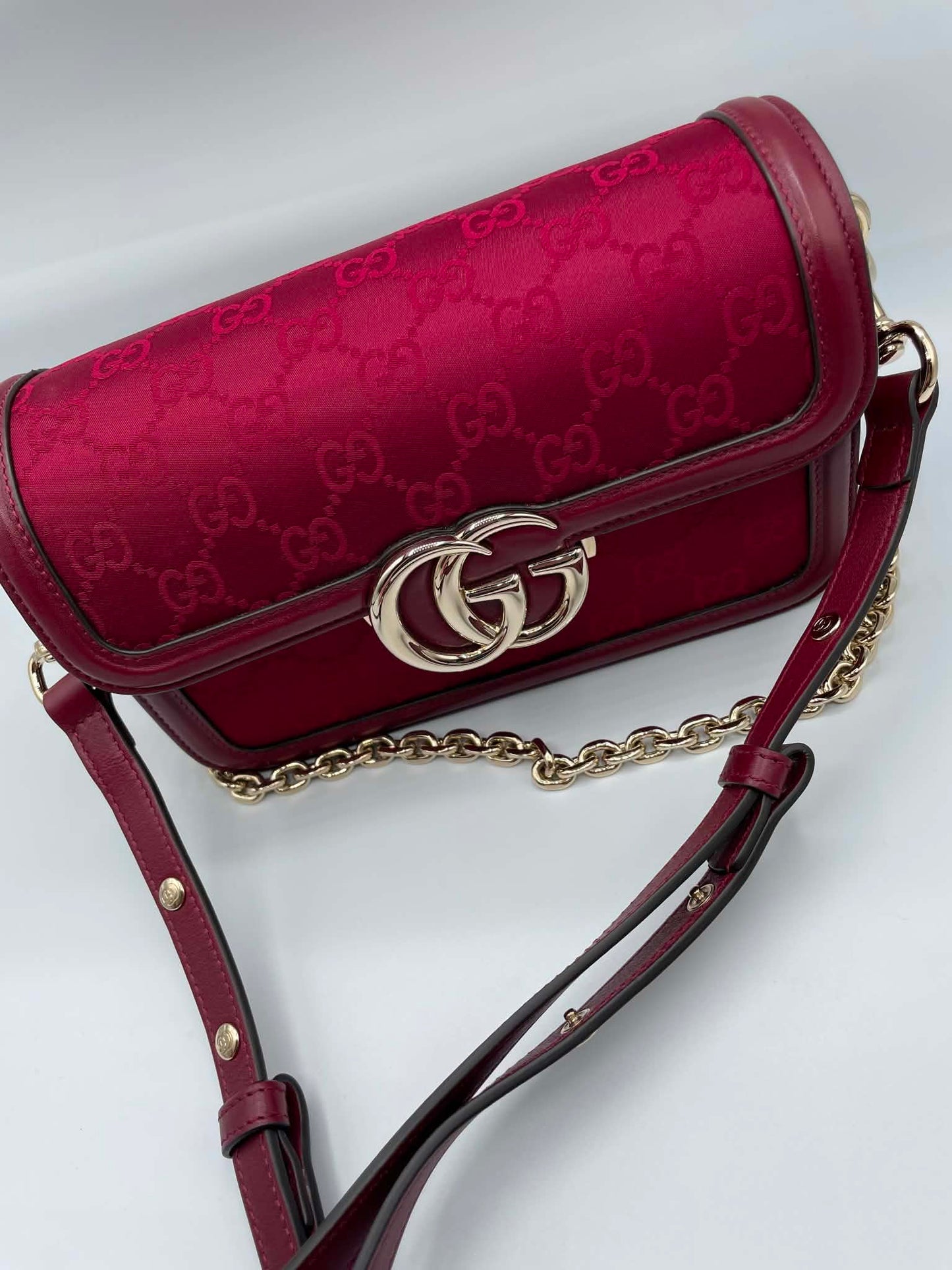 Gucci Crepe Wool Silk GG Monogram Go Small Shoulder Bag Rosso Ancora