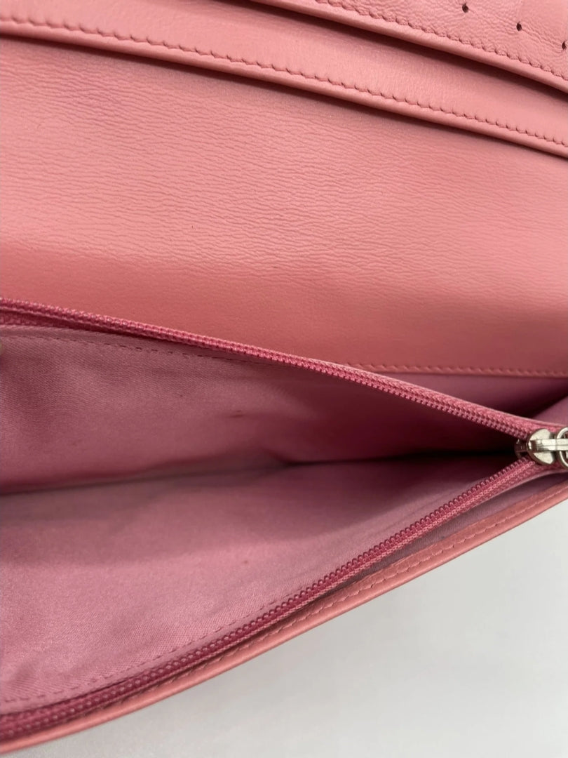 Chanel Lambskin Camelia Embossed Yen Wallet Pink