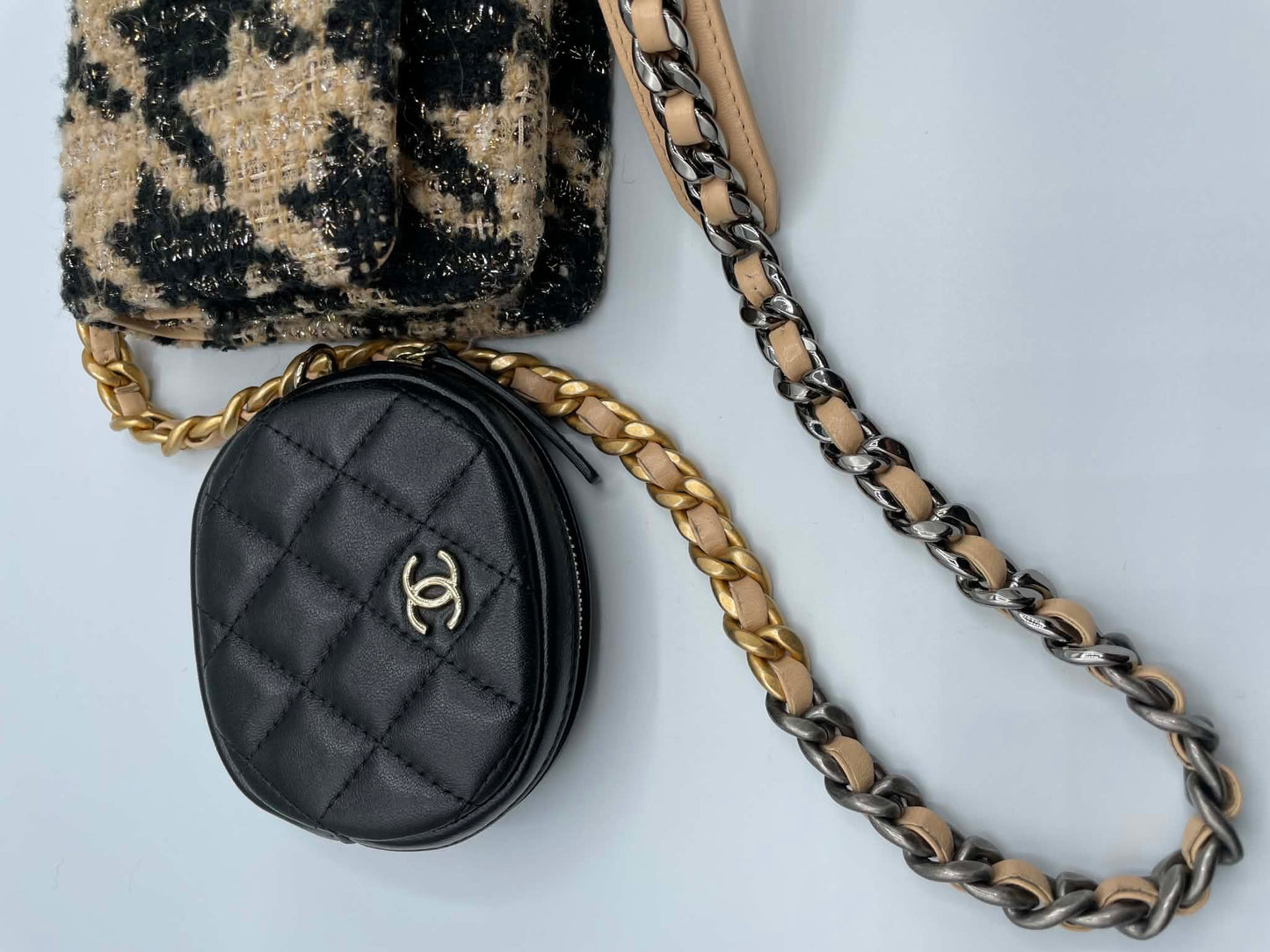 Chanel Houndstooth Tweed Wallet on Chain Beige & Black, Gold/Ruthenium/Silver Hardware