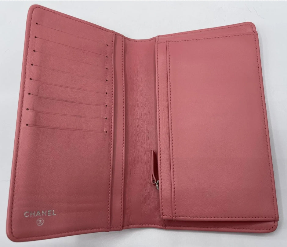 Chanel Lambskin Camelia Embossed Yen Wallet Pink