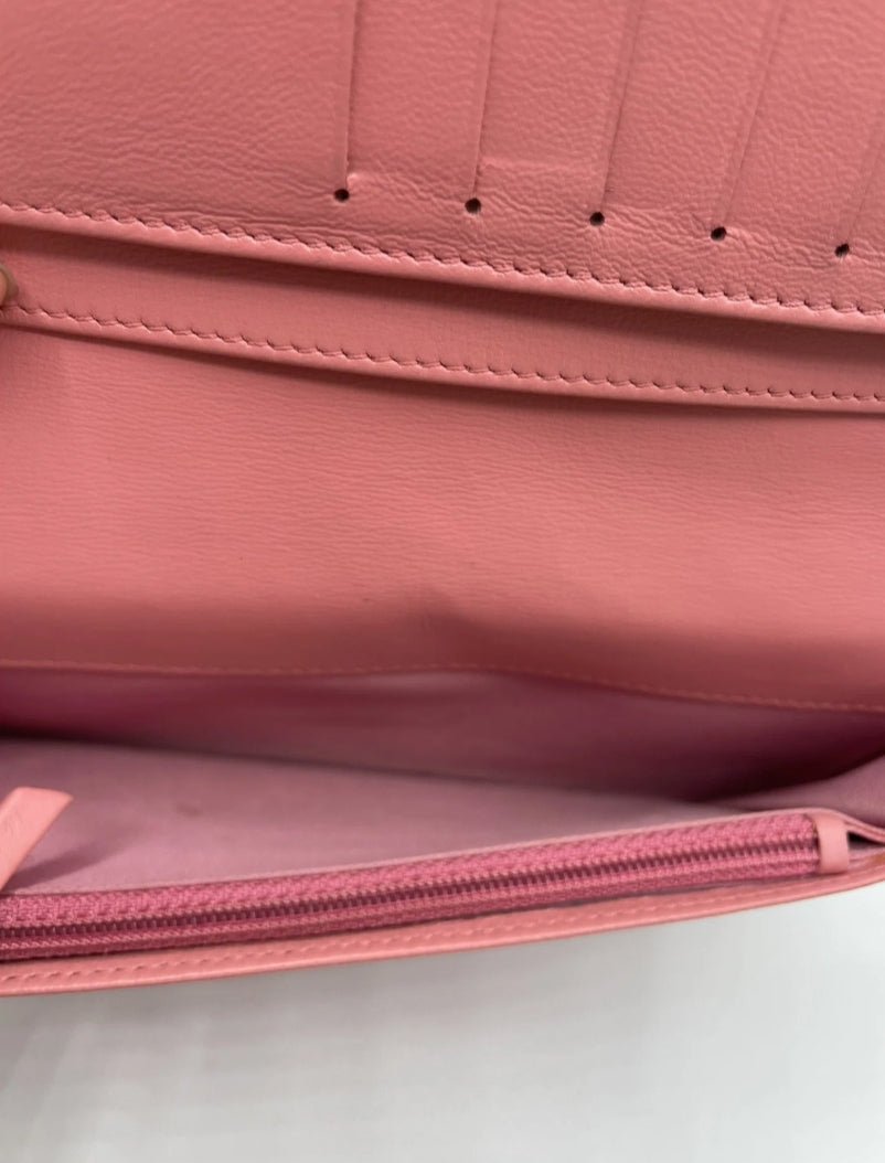 Chanel Lambskin Camelia Embossed Yen Wallet Pink