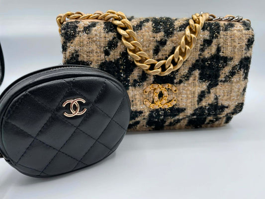 Chanel Houndstooth Tweed Wallet on Chain Beige & Black, Gold/Ruthenium/Silver Hardware